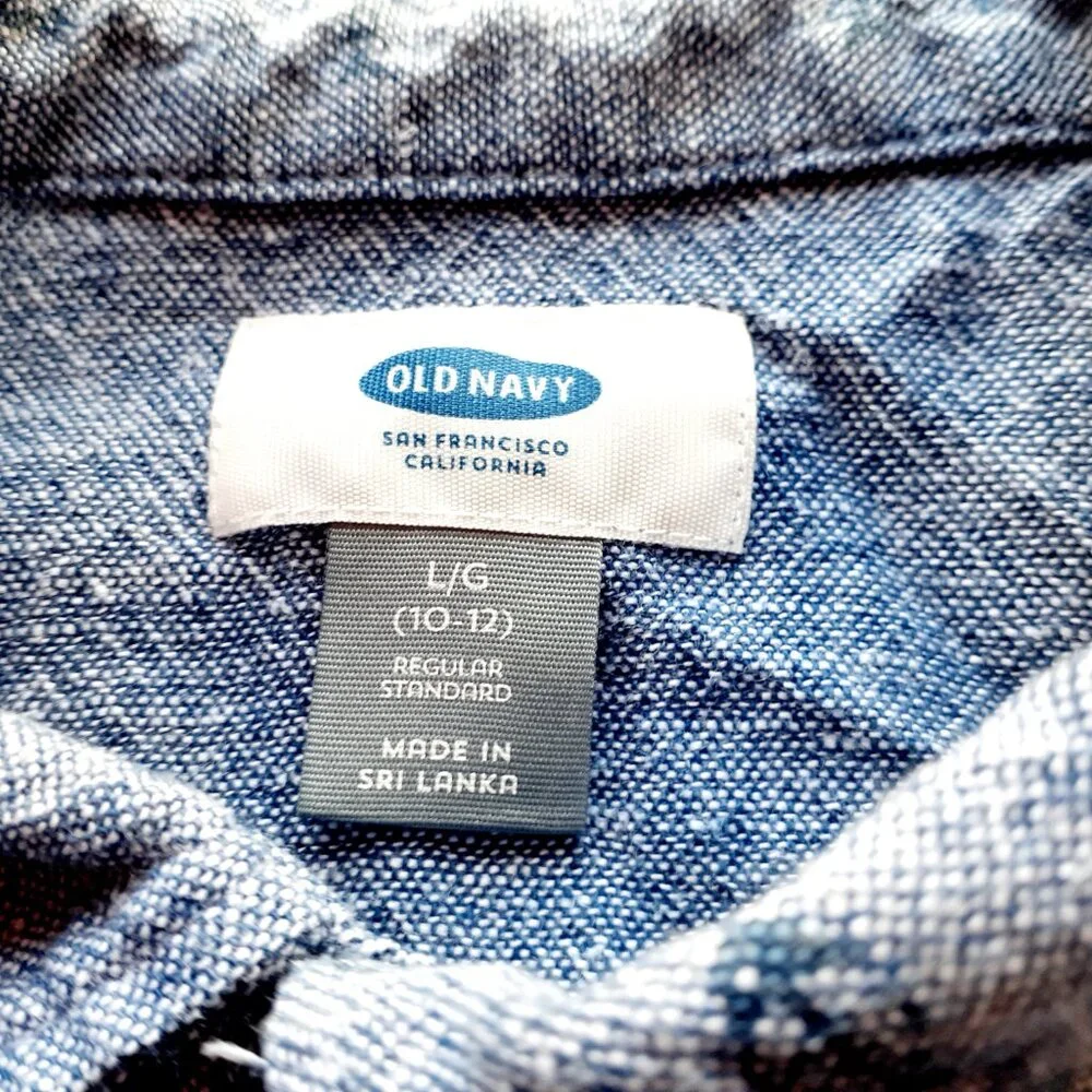 Old Navy Boys Shirt Button Down Blue Linen Blend Fish Short Sleeve Large 10-12